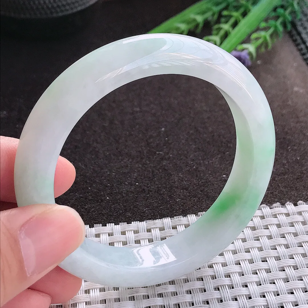 实拍A货翡翠55.5/12.7/8.8老坑冰润起胶飘阳绿手镯宽边玉镯手环