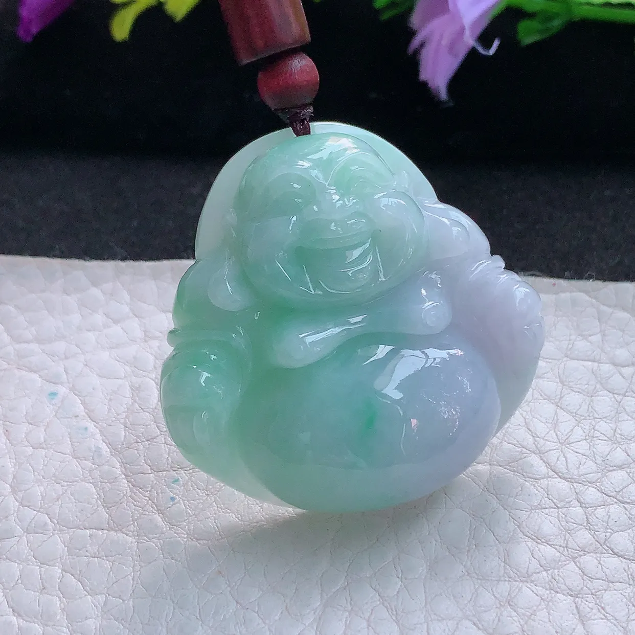 zen实拍41*41*13缅甸翡翠春带彩饱满大佛公 弥勒佛玉挂件 毛衣坠