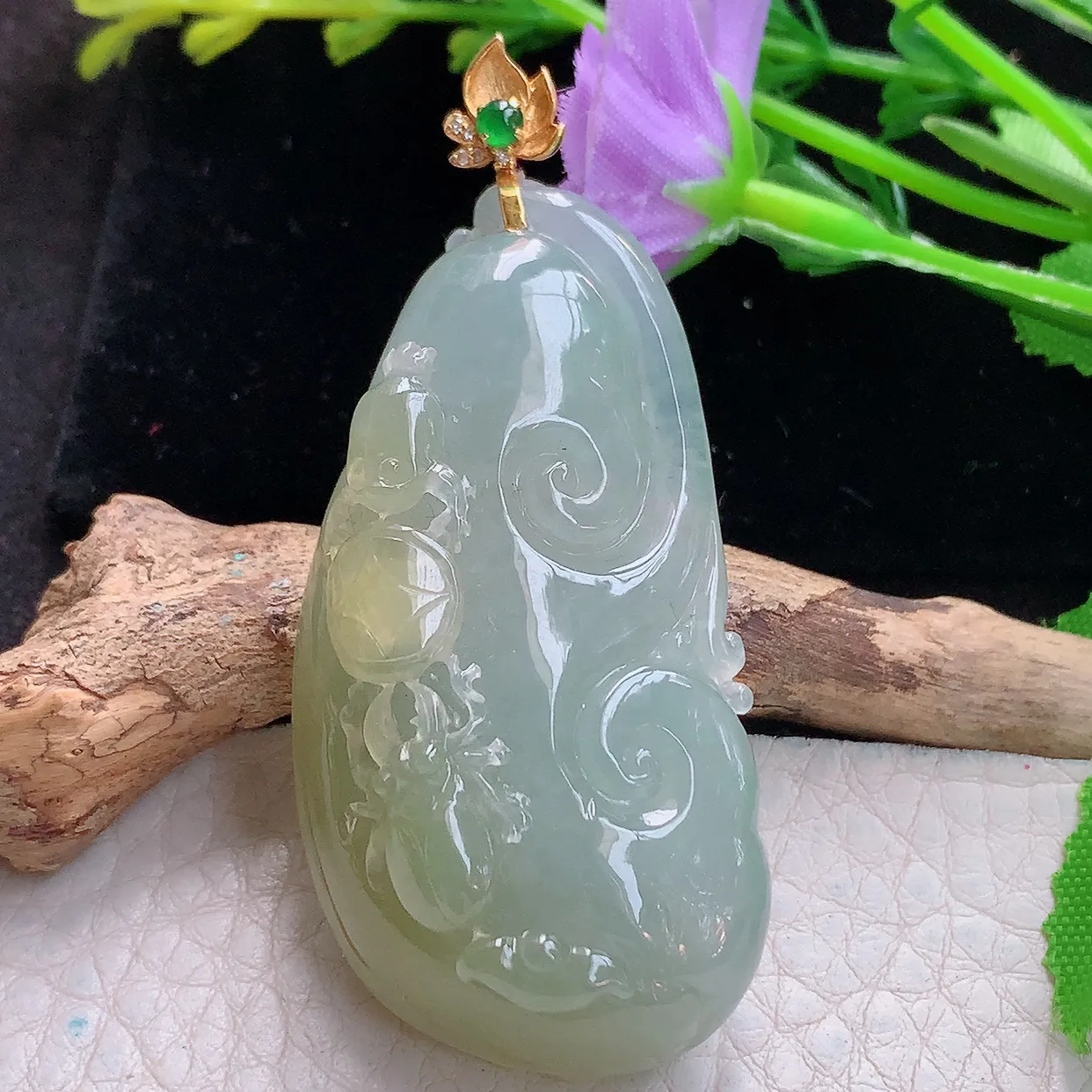 yl实拍53.3*27.5*13.6缅甸翡翠精雕冰双彩富甲天下玉项坠 玉挂件