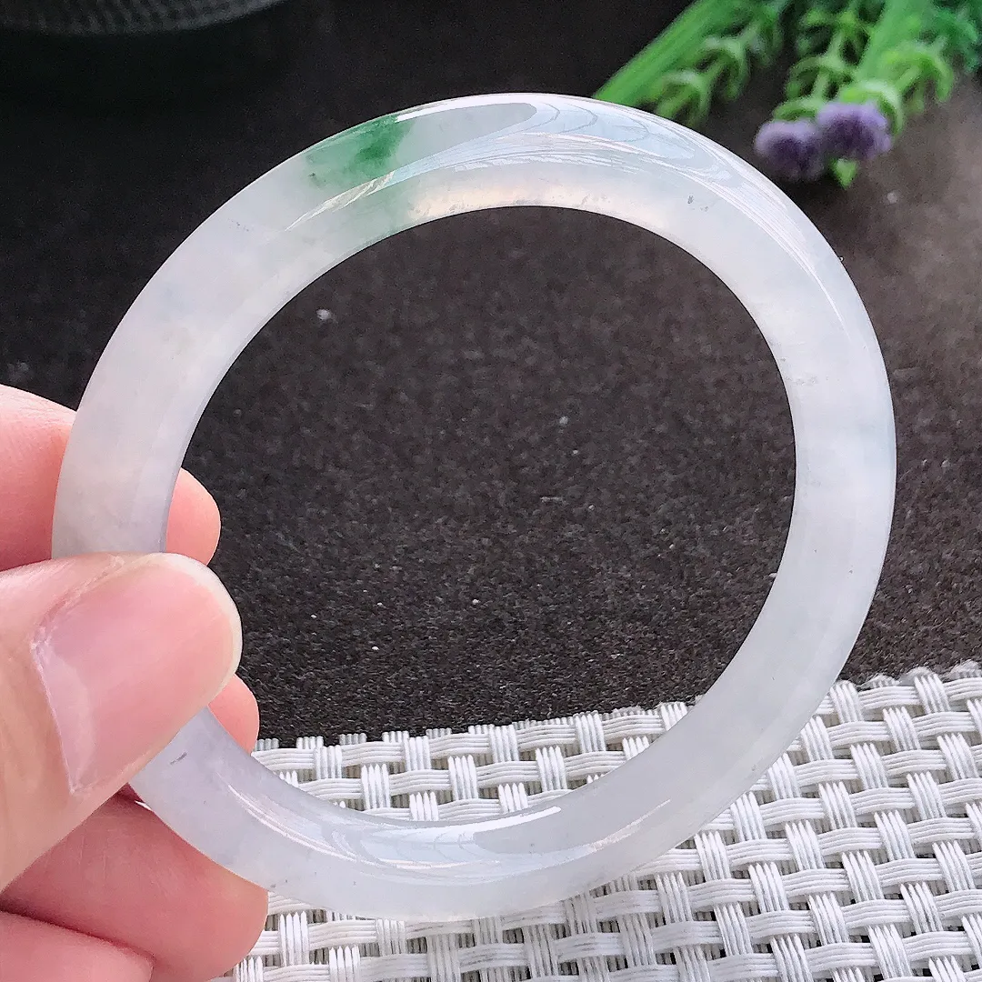 实拍A货翡翠54/8/8.5老坑冰透起胶冰飘花圆条手镯翡翠玉镯手环