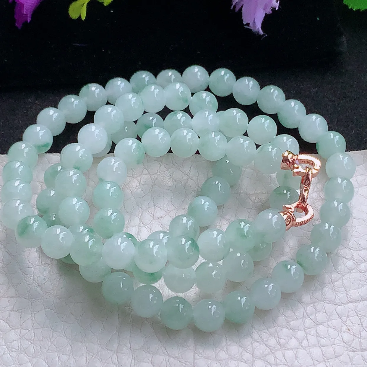 zen实拍 翡翠项链圆珠清新飘花7.2mm圆珠玉珠链 周长约650珠串手串