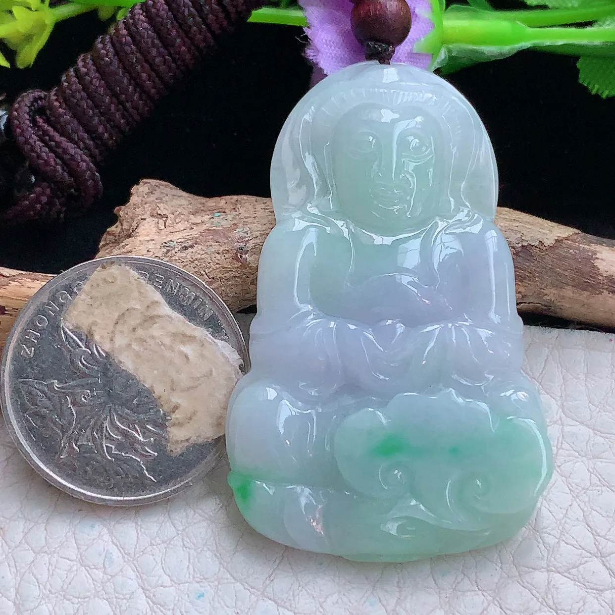 zen实拍51.2*32.3*6缅甸翡翠春带彩正庄观音 玉观音玉挂件 毛衣坠