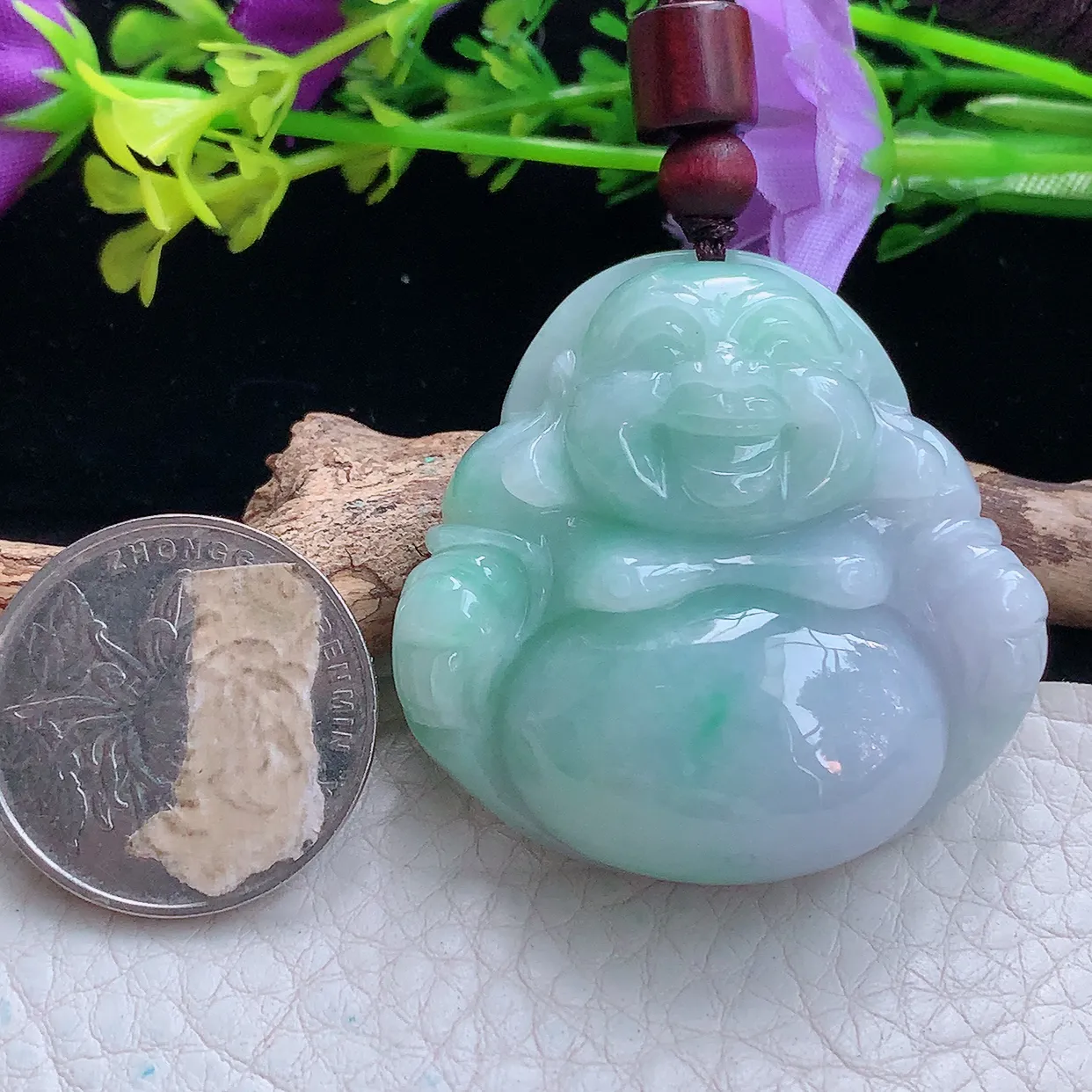 zen实拍41*41*13缅甸翡翠春带彩饱满大佛公 弥勒佛玉挂件 毛衣坠