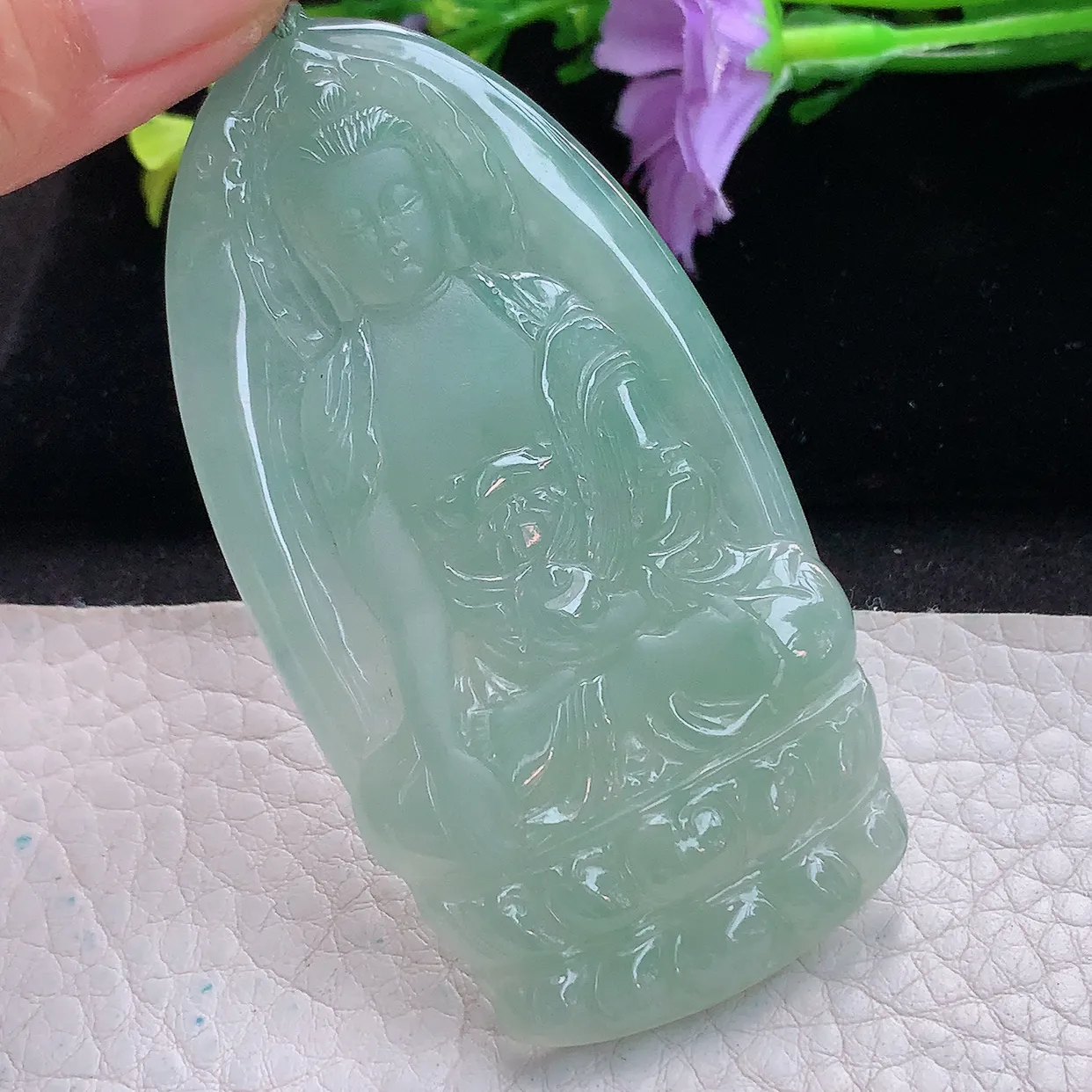 yn实拍72*37*4.8缅甸翡翠精雕冰晴观音菩萨 玉观音玉项坠 玉挂件