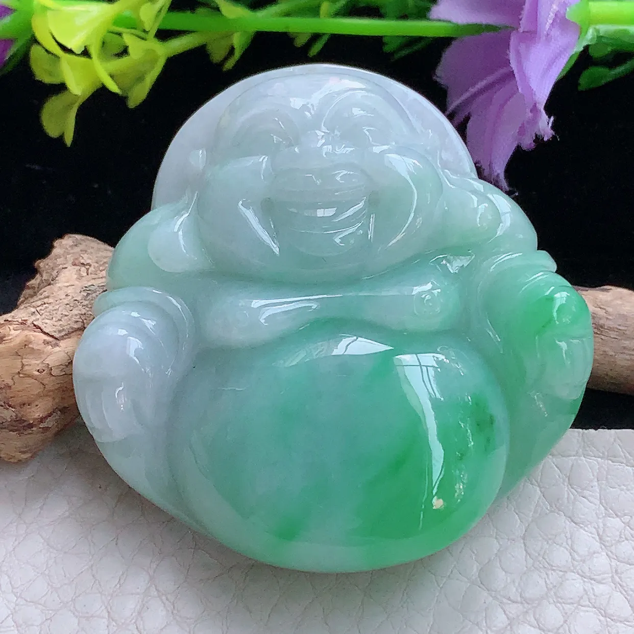 zen实拍47.3*47.8*12.5缅甸翡翠飘绿大佛公 开心佛玉挂件 毛衣坠