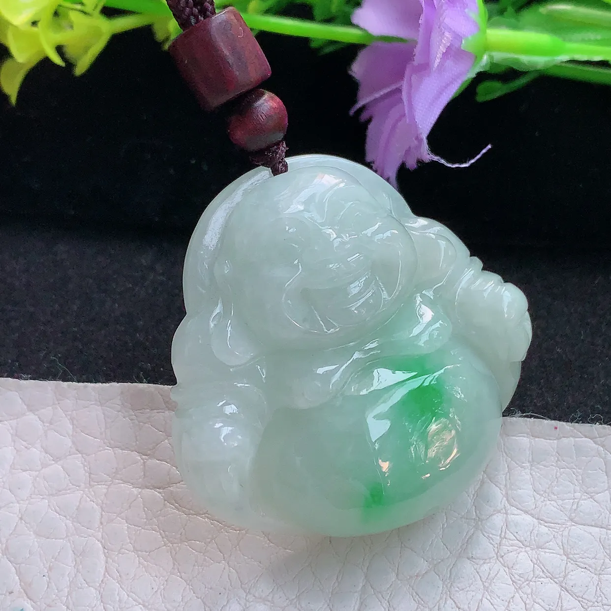 zen实拍38.2*40*12缅甸翡翠飘绿佛公 弥勒佛玉挂件 毛衣坠