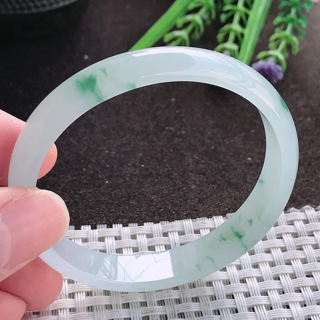 实拍A货翡翠53.5/49.5/11/5.5老坑冰胶飘花贵妃手镯宽边玉镯手环