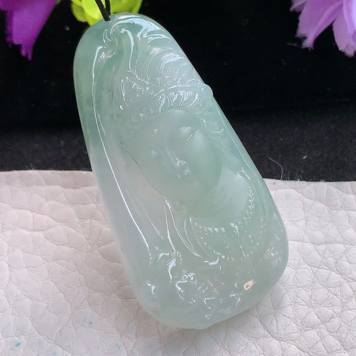 lz实拍51.6*27*8缅甸翡翠精雕冰晴观音首 赐福观音玉项坠 玉挂件