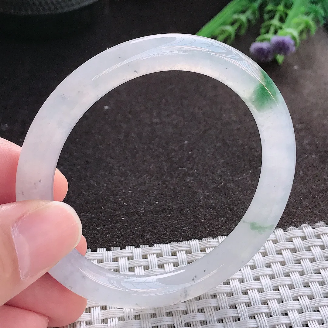 实拍A货翡翠54/8/8.5老坑冰透起胶冰飘花圆条手镯翡翠玉镯手环
