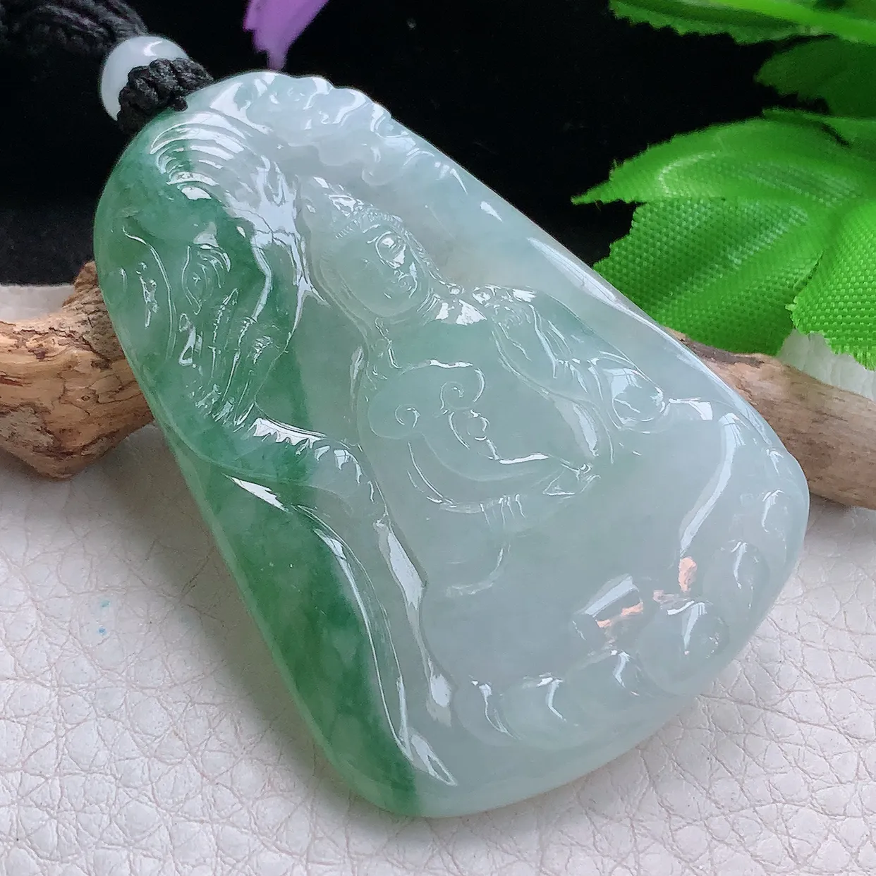 yl实拍62.8*42.6*6.2缅甸翡翠精雕冰飘花普贤菩萨 生肖守护神玉挂件