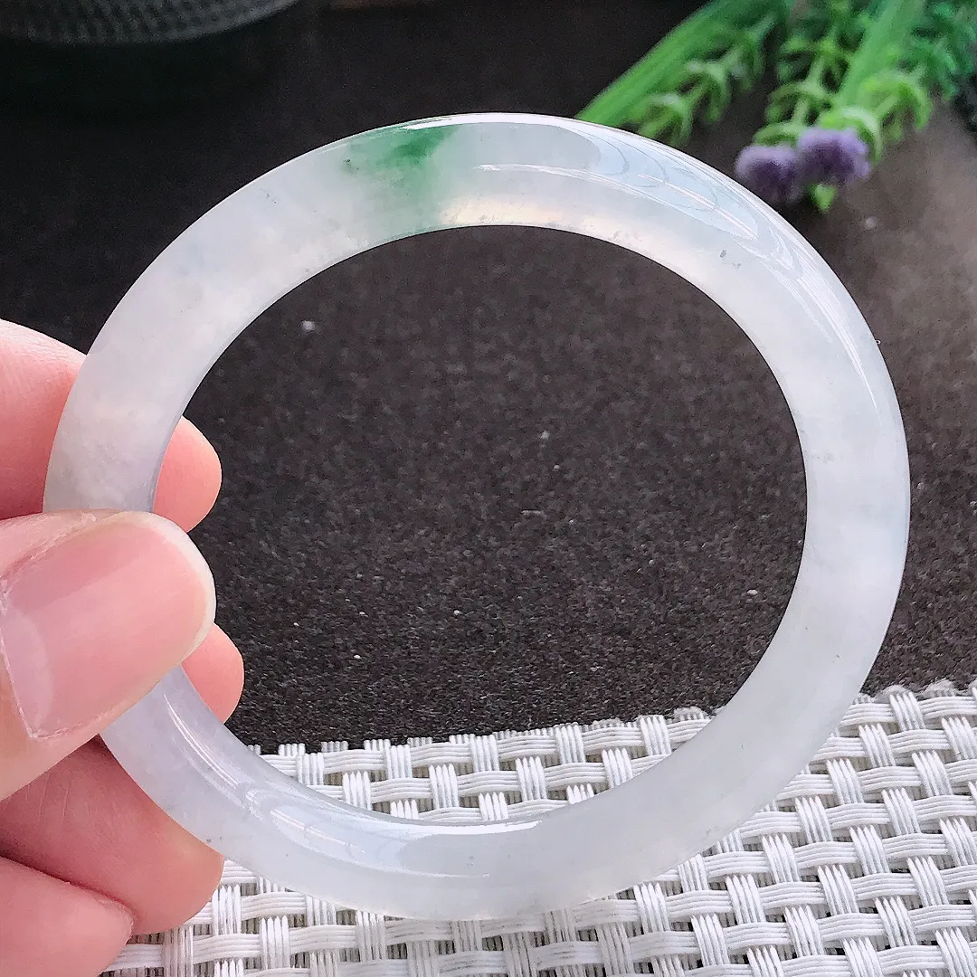 实拍A货翡翠54/8/8.5老坑冰透起胶冰飘花圆条手镯翡翠玉镯手环