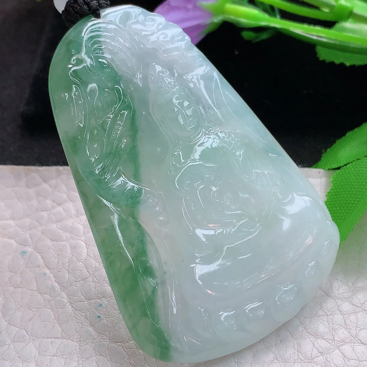 yl实拍62.8*42.6*6.2缅甸翡翠精雕冰飘花普贤菩萨 生肖守护神玉挂件