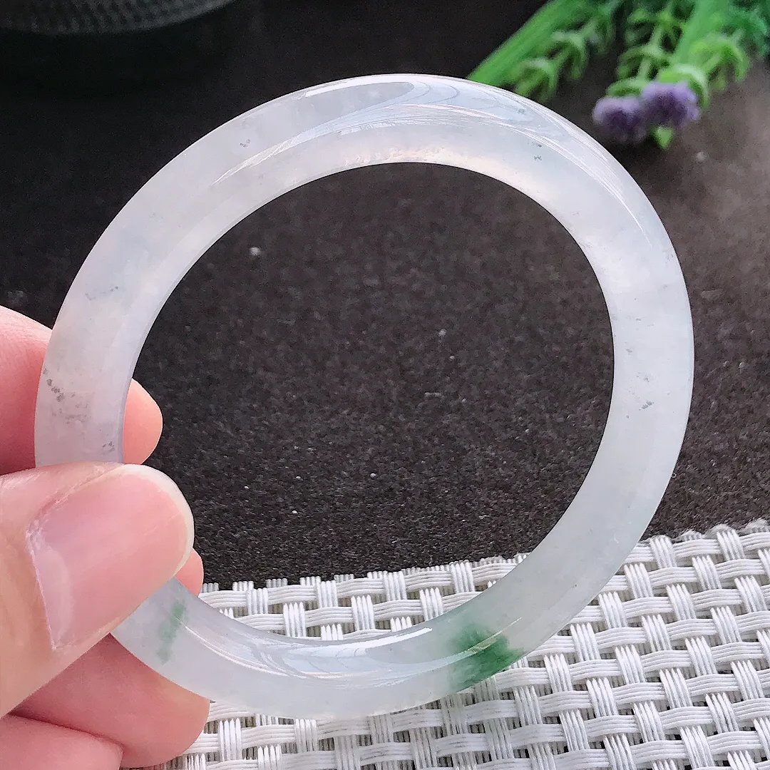 实拍A货翡翠54/8/8.5老坑冰透起胶冰飘花圆条手镯翡翠玉镯手环