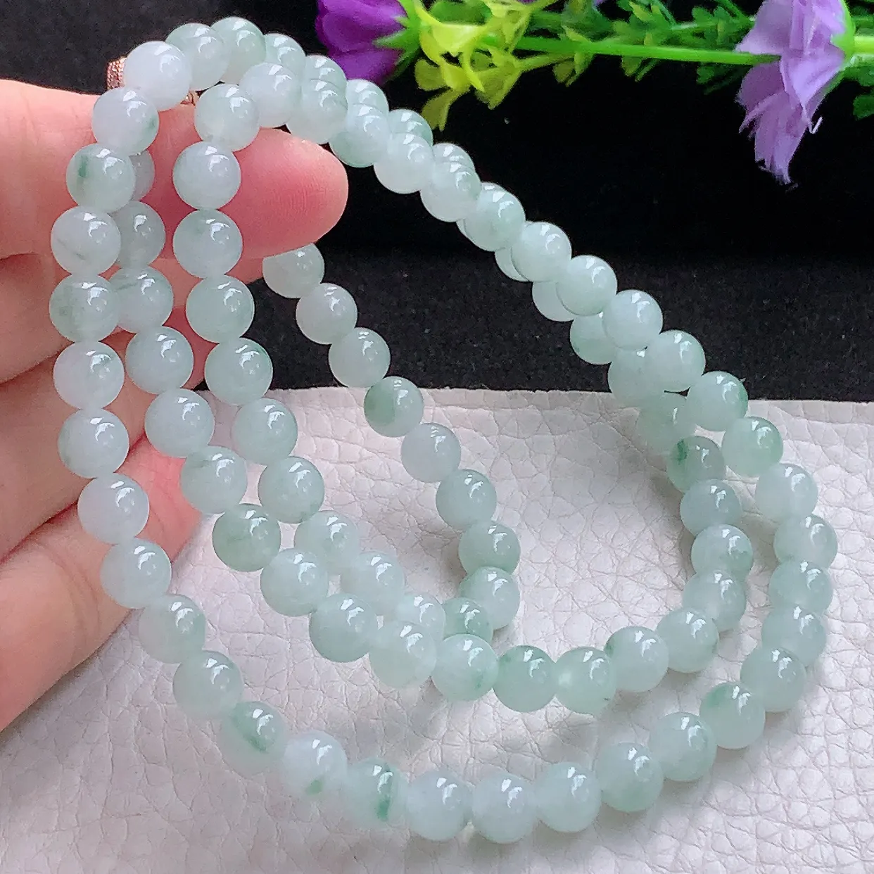 zen实拍 翡翠项链圆珠清新飘花7.2mm圆珠玉珠链 周长约650珠串手串