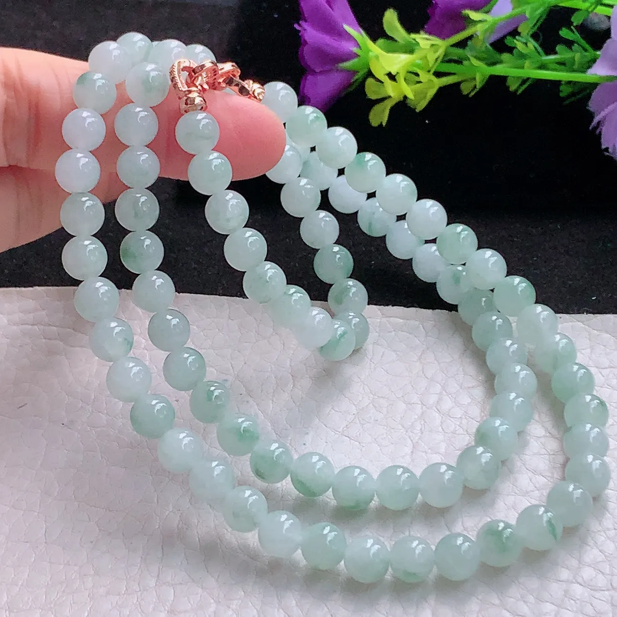 zen实拍 翡翠项链圆珠清新飘花7.2mm圆珠玉珠链 周长约650珠串手串