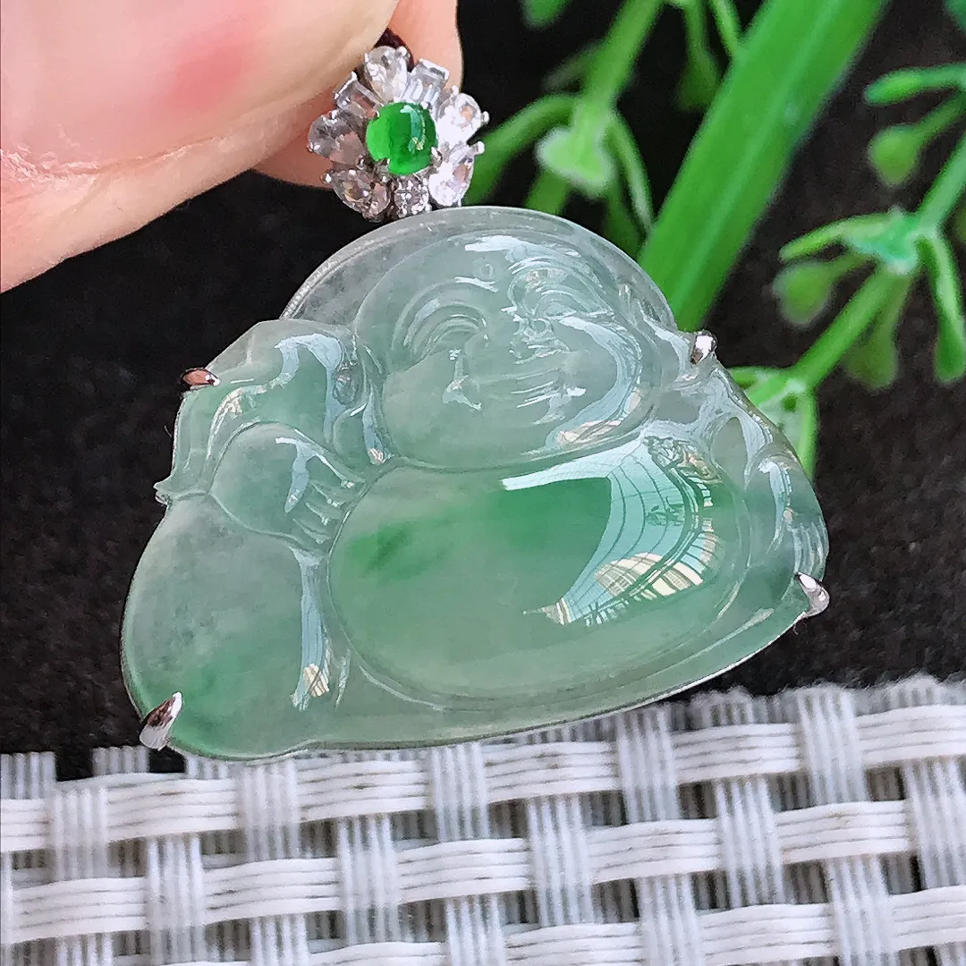 实拍A货翡翠29.3/26.3/8老坑18k金镶嵌冰胶果冻冰晴飘绿佛公吊坠翡翠布袋佛