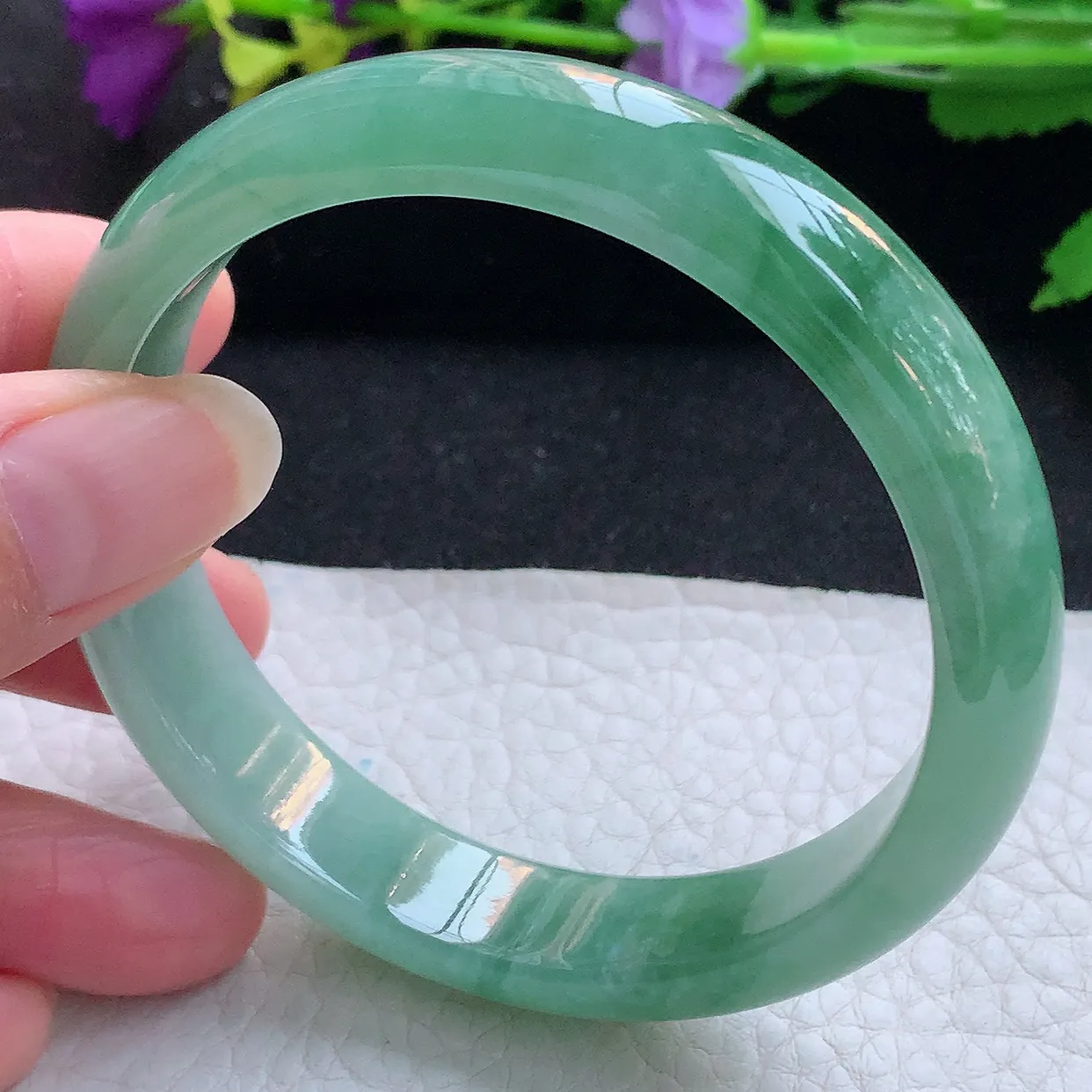 yh实拍59*12.8*7.2平安镯 天然缅甸翡翠玉手镯冰飘花宽边玉手环