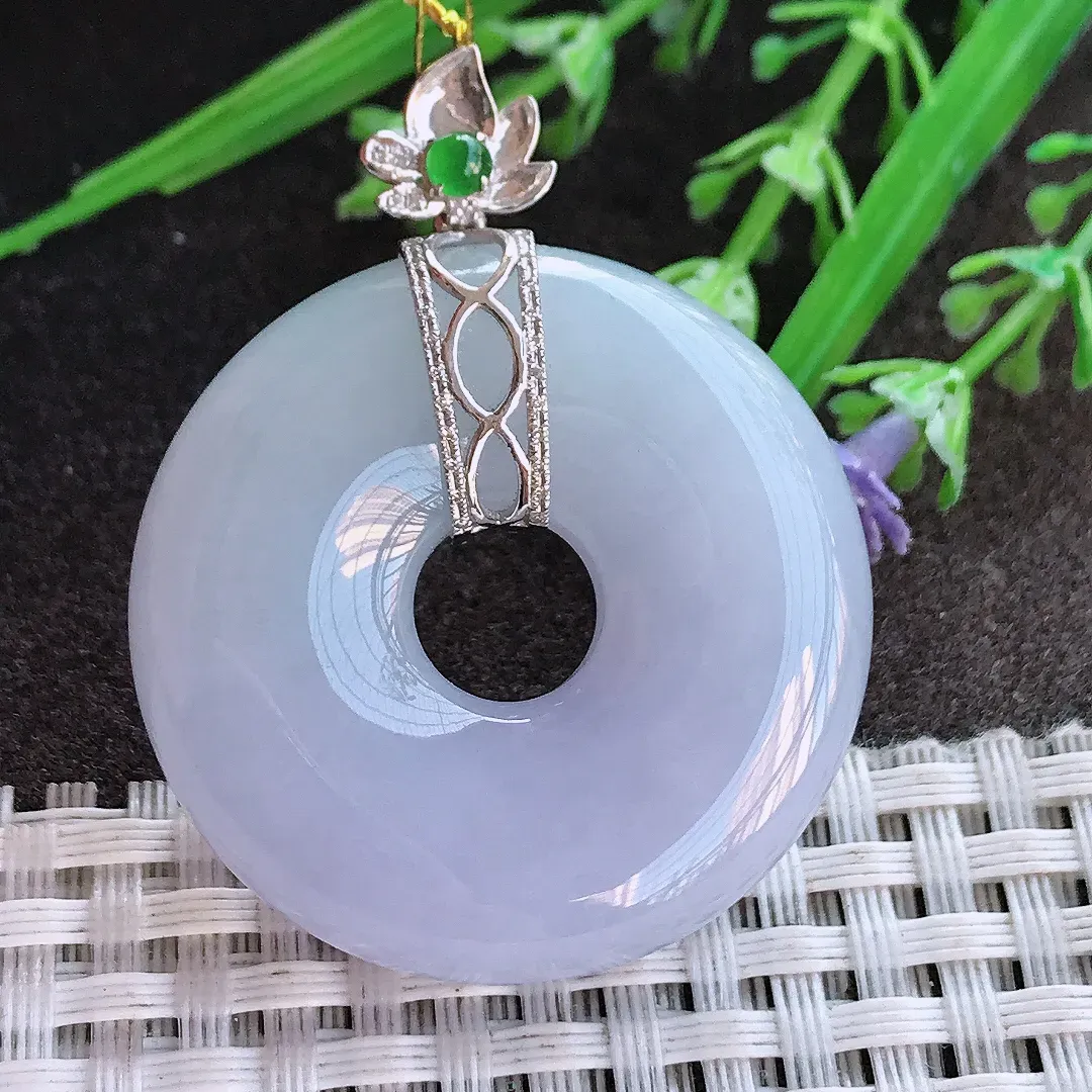 实拍A货翡翠36.1/9.5老坑18k金镶嵌冰胶紫罗兰平安扣吊坠翡翠玉环挂件