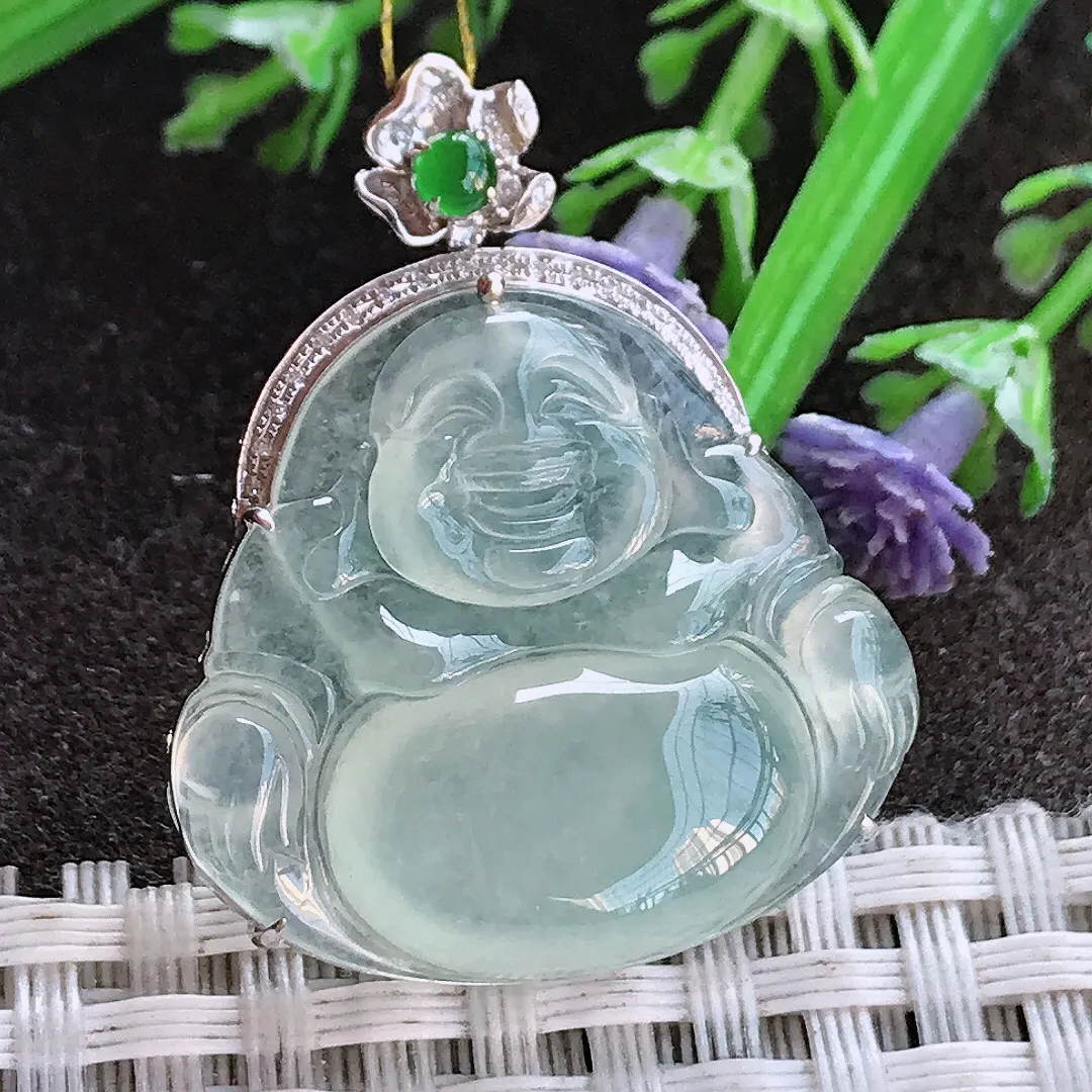 实拍A货翡翠34.2/27.6/9.5老坑18k金镶嵌冰种起胶冰晴佛公吊坠翡翠挂件