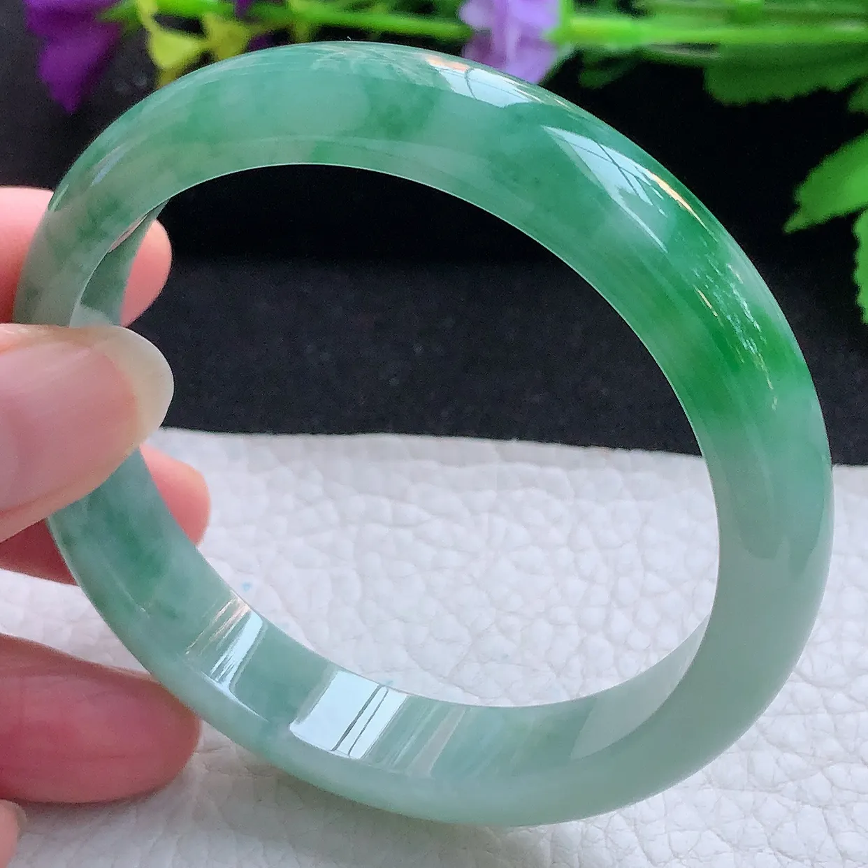 yh实拍58*12*7.5平安镯 天然缅甸翡翠玉手镯冰飘绿花宽边玉手环