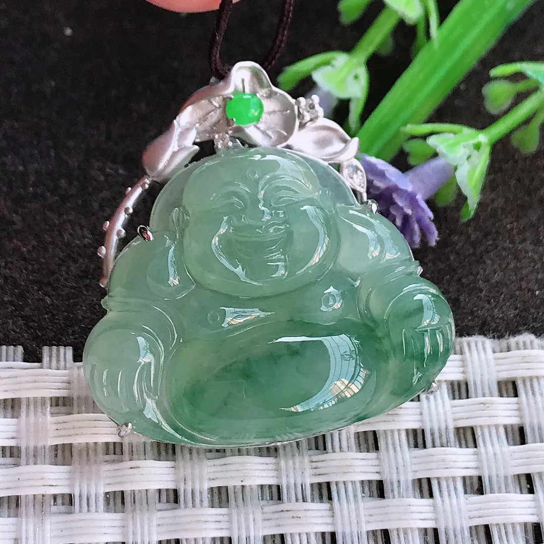 实拍A货翡翠30.8/29.8/8.5老坑18k金镶嵌冰胶满色飘花佛公吊坠翡翠挂件