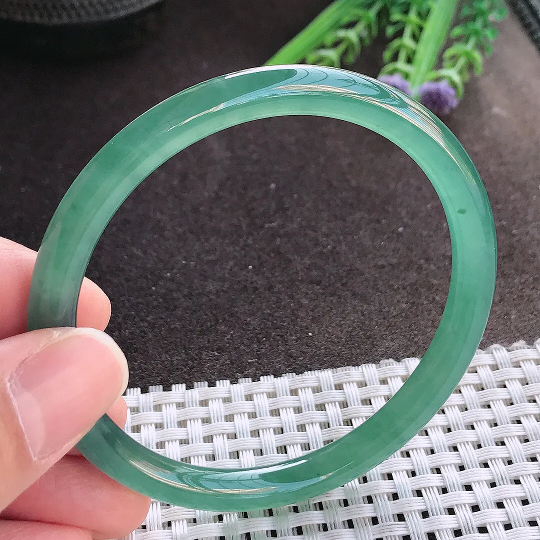 实拍A货翡翠59/7老坑冰胶果冻满色蓝韵手镯叮当玉镯手环