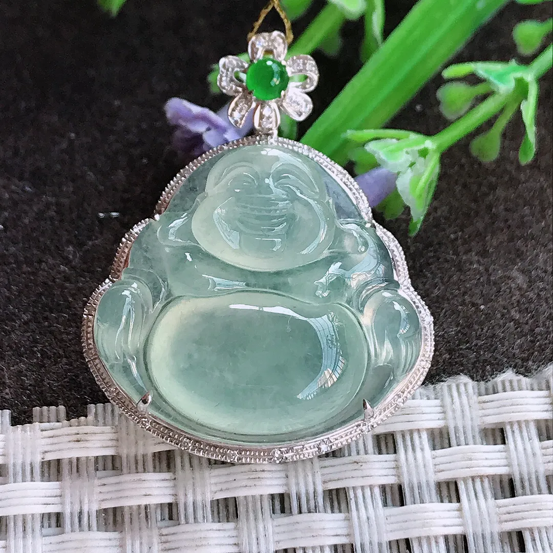 实拍A货翡翠32.3/26.2/9.5老坑18k金镶嵌冰种冰晴绿佛公吊坠翡翠玉佛挂件
