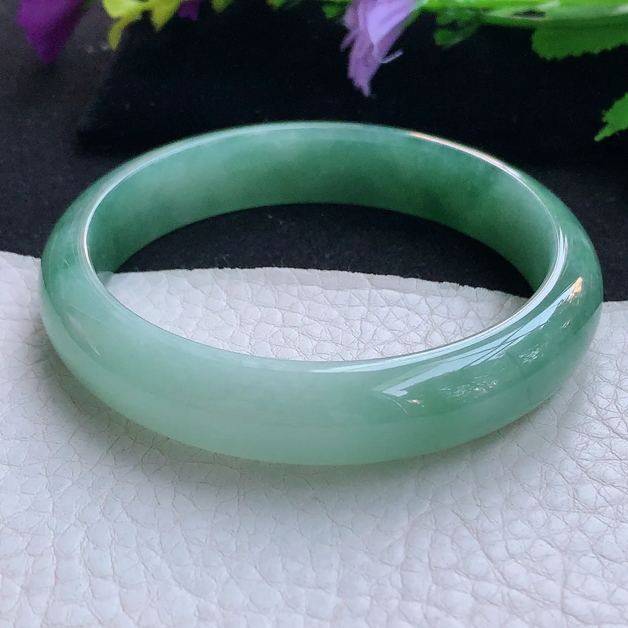 yh实拍59*12.8*7.2平安镯 天然缅甸翡翠玉手镯冰飘花宽边玉手环