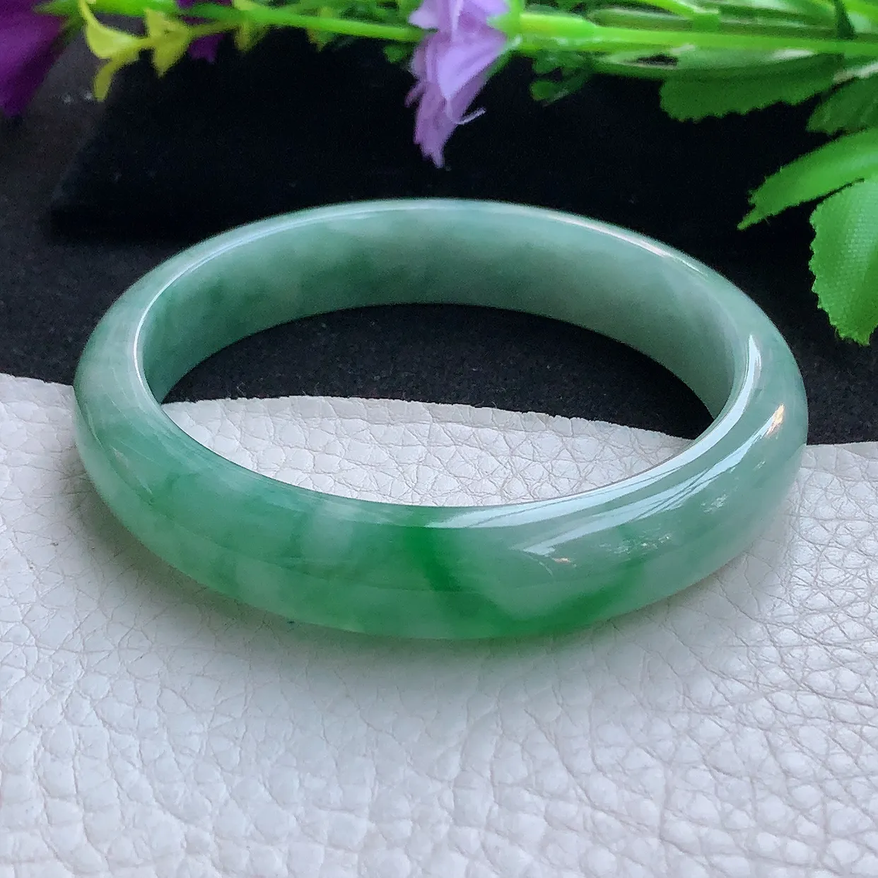 yh实拍58*12*7.5平安镯 天然缅甸翡翠玉手镯冰飘绿花宽边玉手环