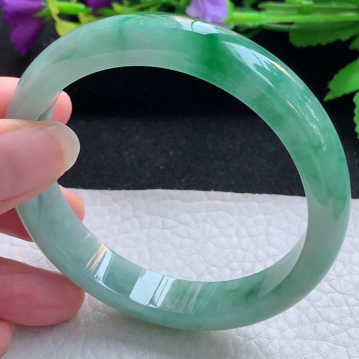 yh实拍58*12*7.5平安镯 天然缅甸翡翠玉手镯冰飘绿花宽边玉手环