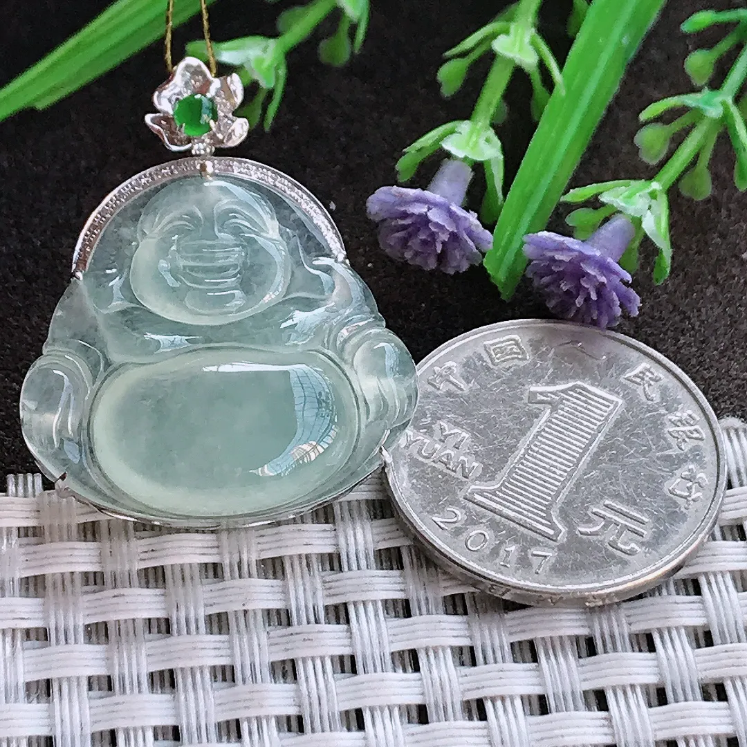 实拍A货翡翠34.2/27.6/9.5老坑18k金镶嵌冰种起胶冰晴佛公吊坠翡翠挂件