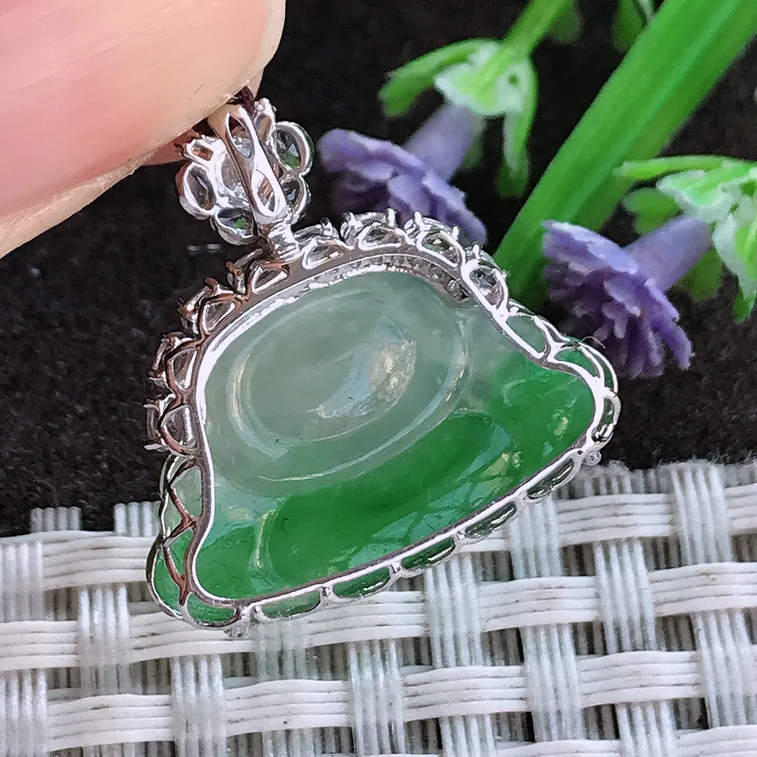 实拍A货翡翠23/23/7.2老坑18k金镶嵌冰润飘阳绿佛公吊坠翡翠挂件