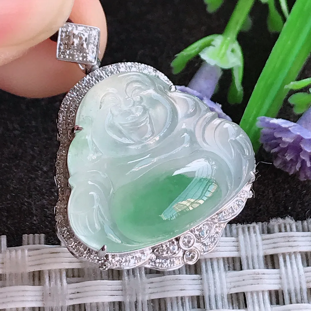 实拍A货翡翠28/22.2/8.9老坑18k金镶嵌冰种冰飘花佛公吊坠翡翠挂件