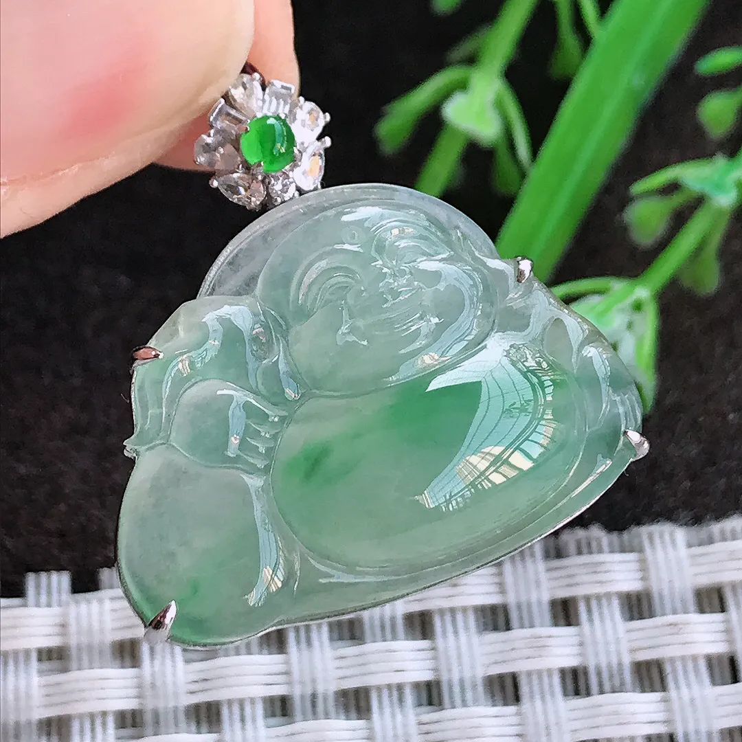 实拍A货翡翠29.3/26.3/8老坑18k金镶嵌冰胶果冻冰晴飘绿佛公吊坠翡翠布袋佛