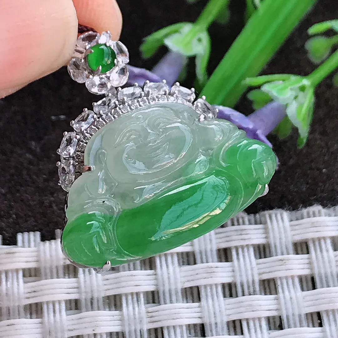 实拍A货翡翠23/23/7.2老坑18k金镶嵌冰润飘阳绿佛公吊坠翡翠挂件