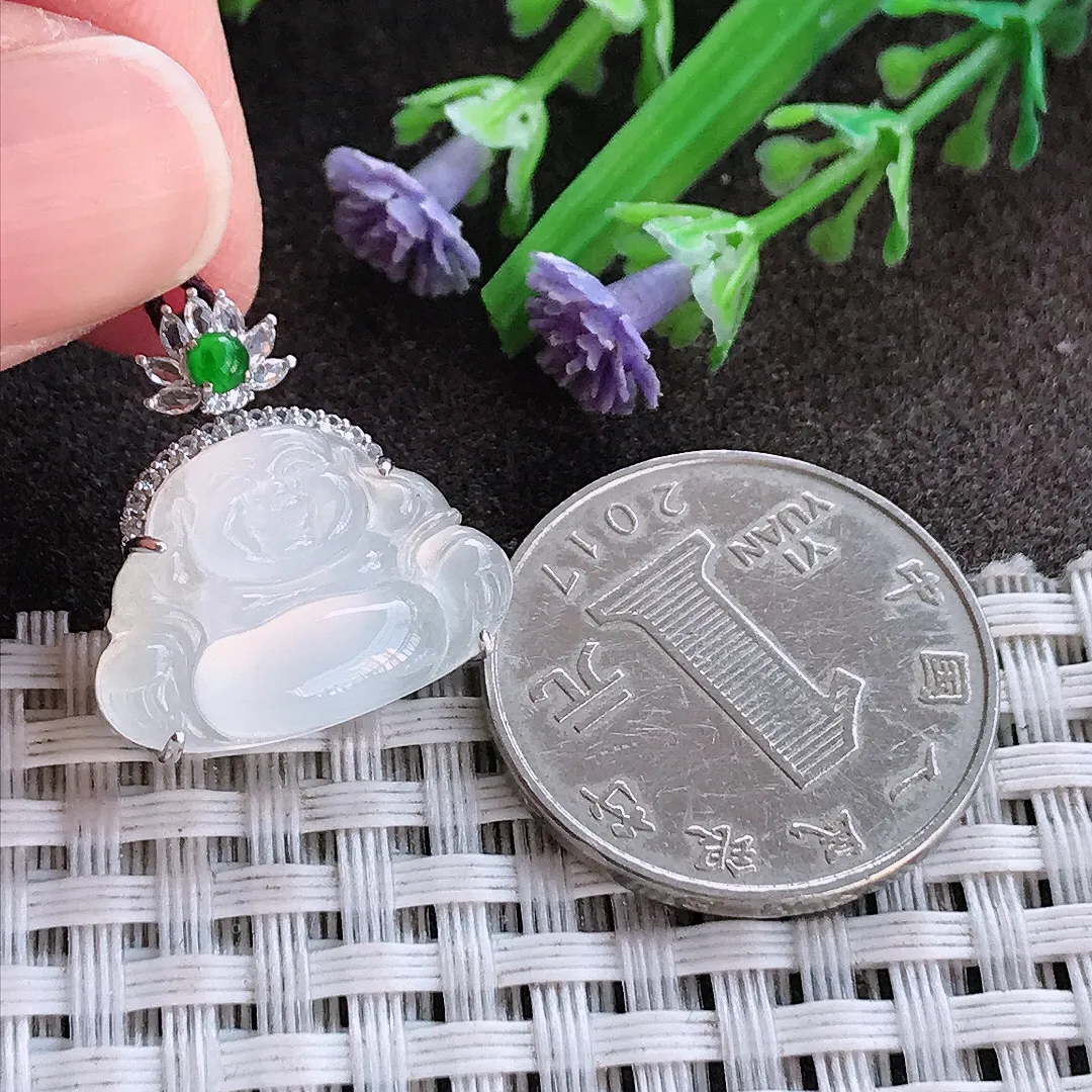 实拍A货翡翠21.5/20/7.3老坑18k金镶嵌冰种白冰佛公吊坠翡翠挂件