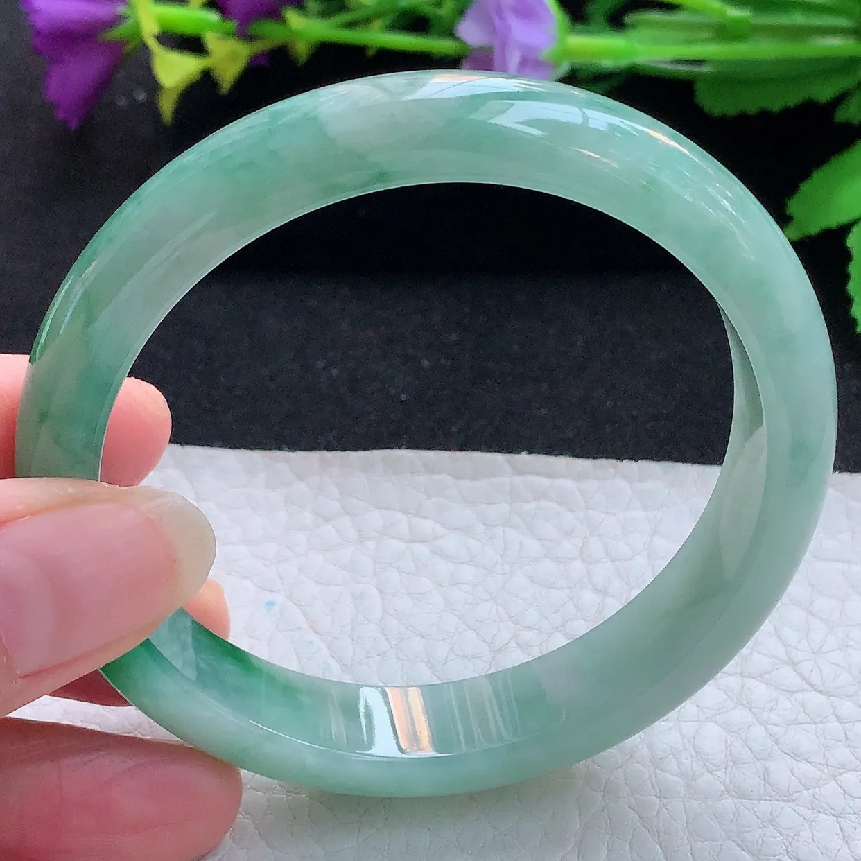 yh实拍58*12*7.5平安镯 天然缅甸翡翠玉手镯冰飘绿花宽边玉手环