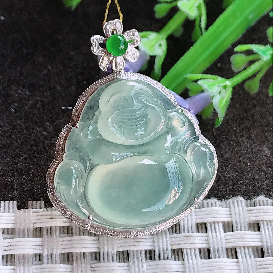 实拍A货翡翠32.3/26.2/9.5老坑18k金镶嵌冰种冰晴绿佛公吊坠翡翠玉佛挂件