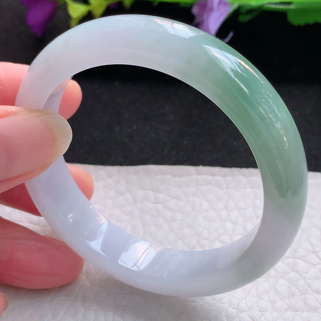 z小圈口51*11.5*7.5平安镯 天然缅甸翡翠半山水秀气宽边珠宝玉手镯