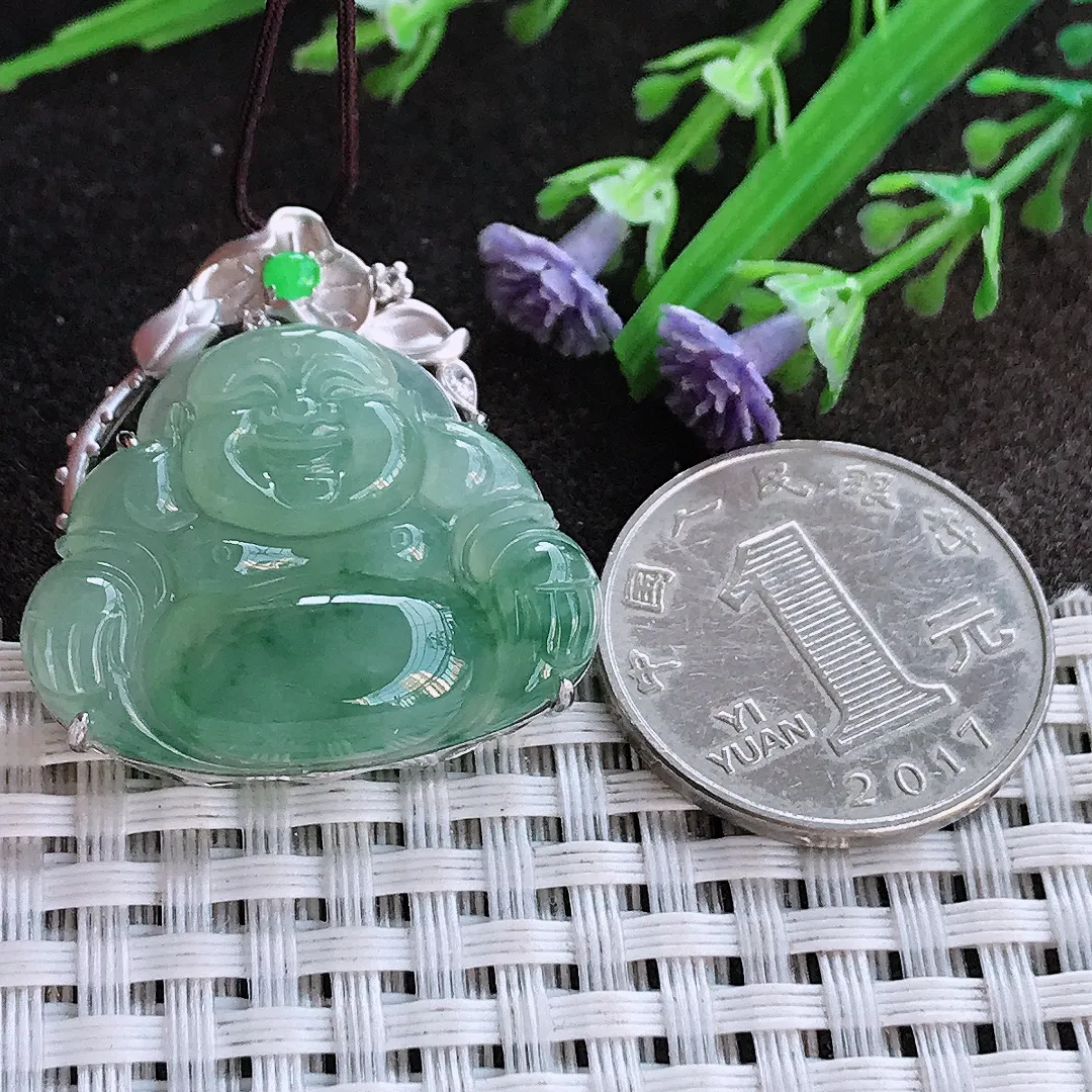 实拍A货翡翠30.8/29.8/8.5老坑18k金镶嵌冰胶满色飘花佛公吊坠翡翠挂件