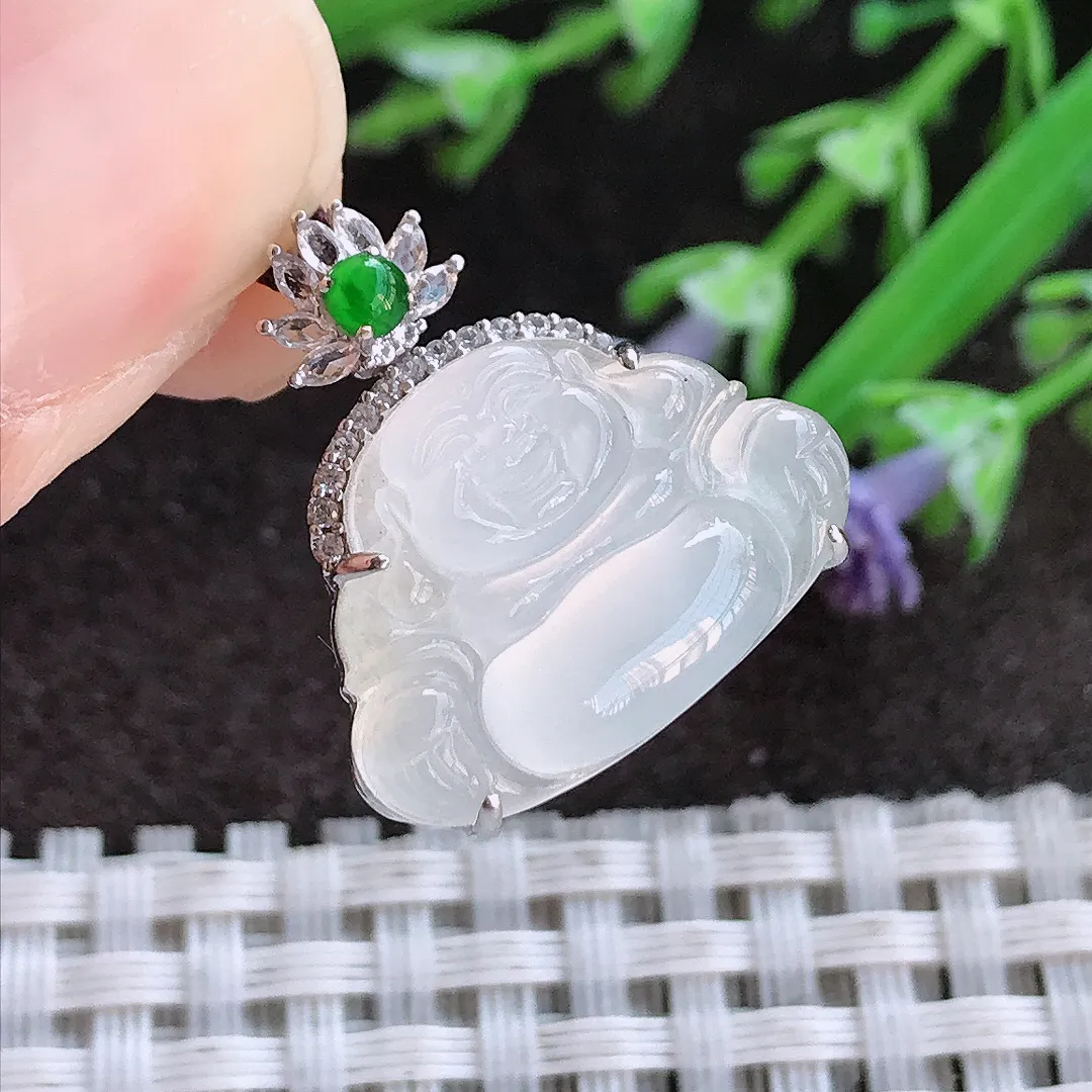 实拍A货翡翠21.5/20/7.3老坑18k金镶嵌冰种白冰佛公吊坠翡翠挂件