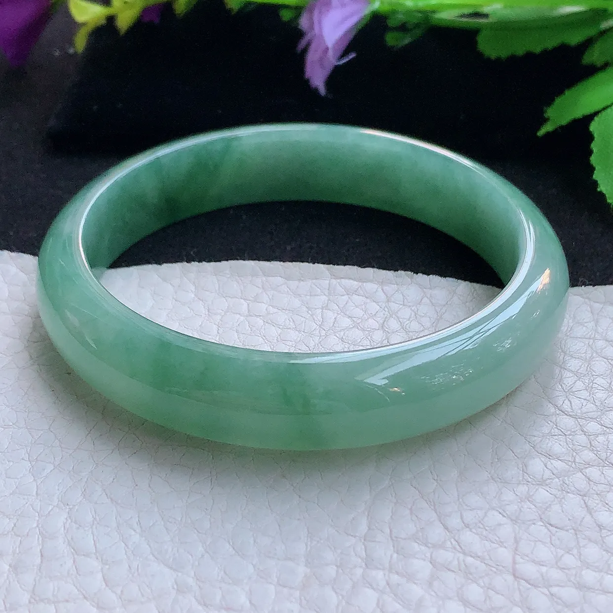 yh实拍59*12.8*7.2平安镯 天然缅甸翡翠玉手镯冰飘花宽边玉手环