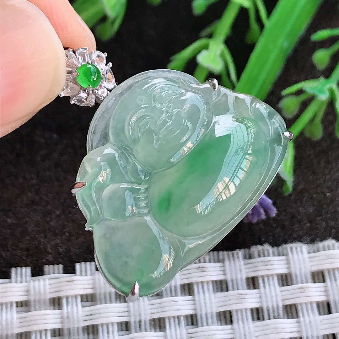 实拍A货翡翠29.3/26.3/8老坑18k金镶嵌冰胶果冻冰晴飘绿佛公吊坠翡翠布袋佛