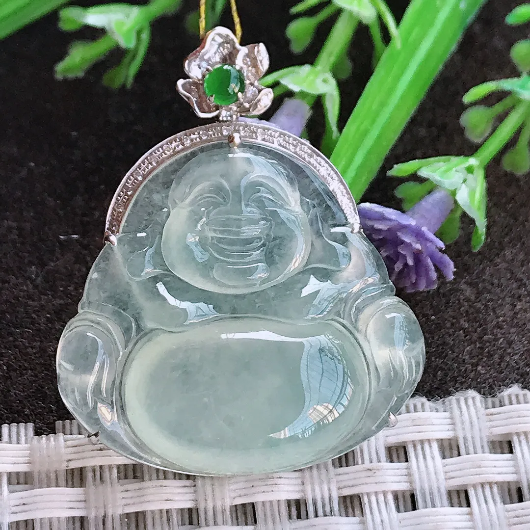 实拍A货翡翠34.2/27.6/9.5老坑18k金镶嵌冰种起胶冰晴佛公吊坠翡翠挂件