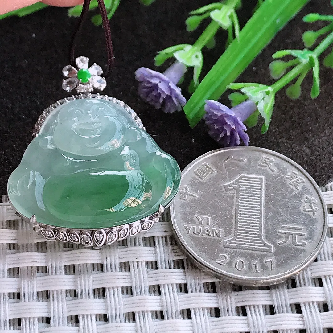 实拍A货翡翠30.6/26.2/8.3老坑18k金镶嵌冰种飘花佛公吊坠翡翠玉佛挂件