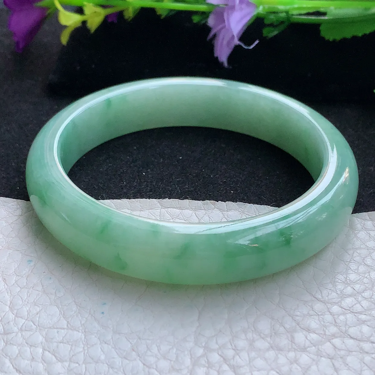 nr实拍58*12.6*8平安镯 天然缅甸翡翠满绿飘花珠宝宽边玉手镯