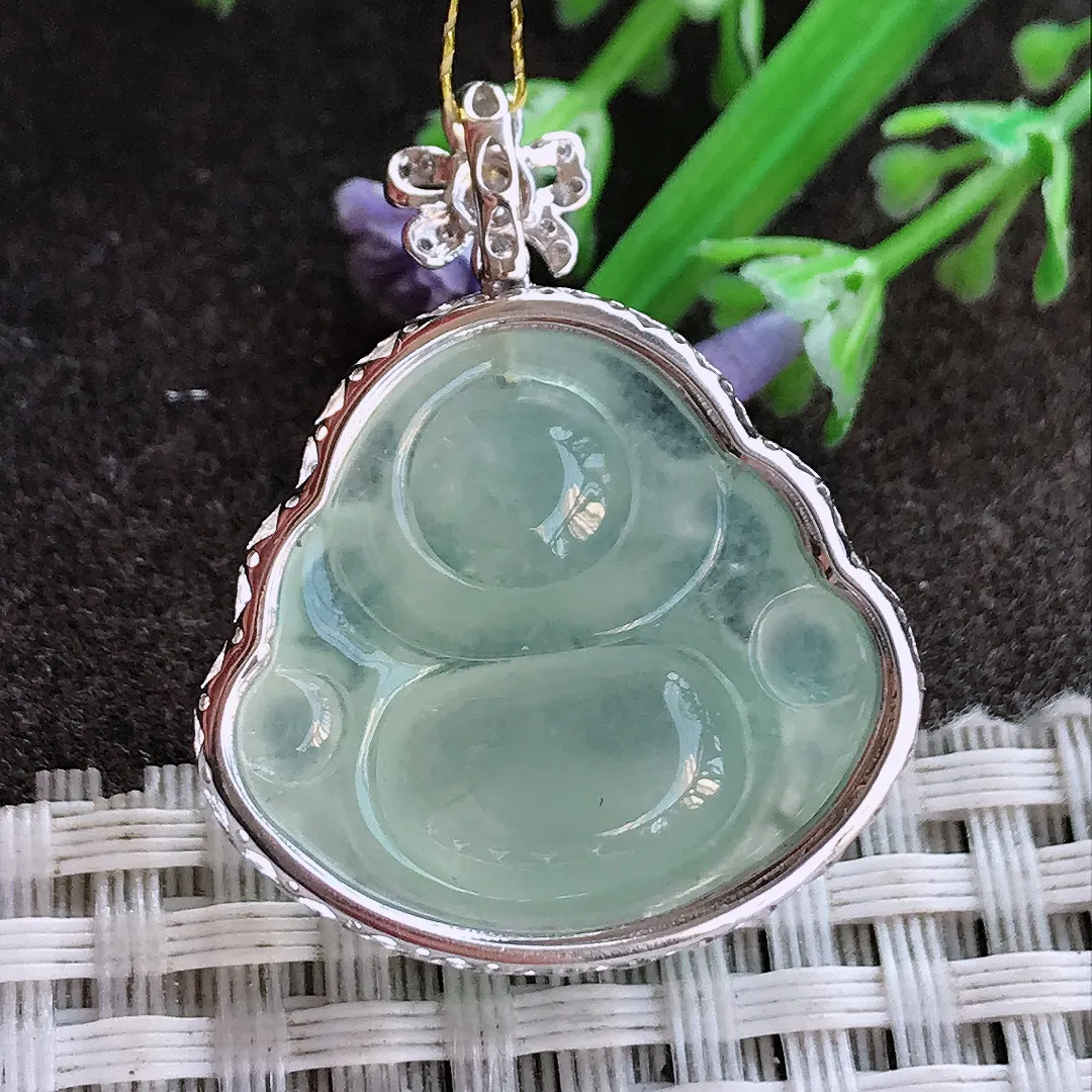 实拍A货翡翠32.3/26.2/9.5老坑18k金镶嵌冰种冰晴绿佛公吊坠翡翠玉佛挂件