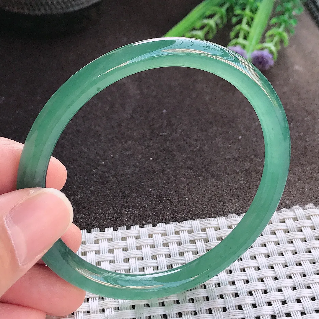 实拍A货翡翠59/7老坑冰胶果冻满色蓝韵手镯叮当玉镯手环