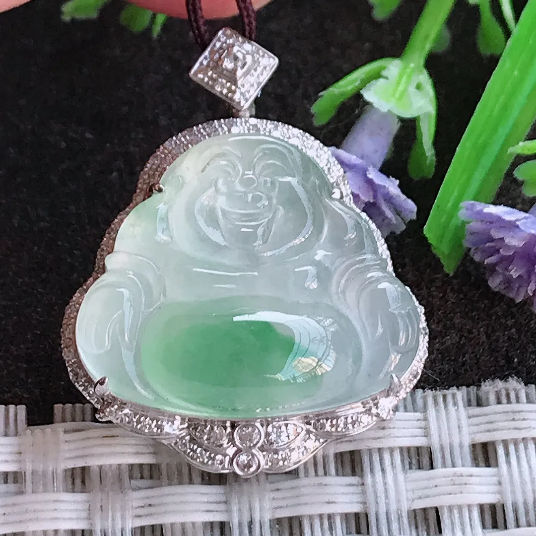 实拍A货翡翠28/22.2/8.9老坑18k金镶嵌冰种冰飘花佛公吊坠翡翠挂件