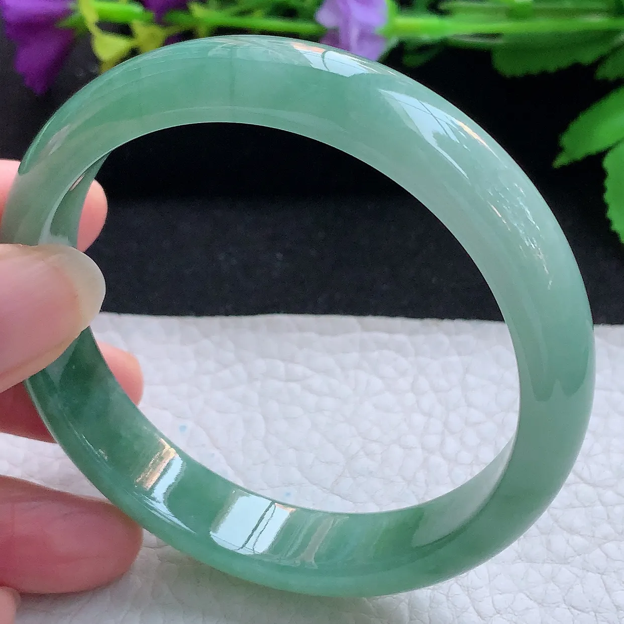 yh实拍59*12.8*7.2平安镯 天然缅甸翡翠玉手镯冰飘花宽边玉手环